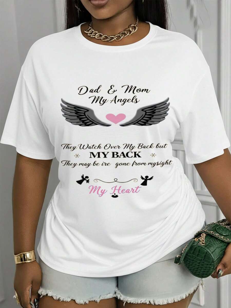 Soft, Breathable, And Lightweight For All-Day Comfort. Women's Printed T-Shirt: Features A Touching Design – "Mom And Dad, My Guardian Angels; You Watch Over Me, Even Though You May Be Out Of My Sight, You Will Always Remain In My Heart." Breathable And Comfortable, Suitable For Spring, Summer, And Fall, Machine Washable. Classic Crew Neck With A Relaxed Fit That Flatters All Body Types And Is Easy To Pair With Jeans, Shorts, And Leggings. - 白色 - 查看 1
