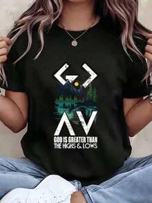 Camiseta Casual para Mujer con Estampado de Paisaje Montañoso y la Frase 'Dios es Mayor que los Altos y Bajos', Cuello Redondo, Corte Regular, Regalo Casual para Ella - Negro - Ver 6