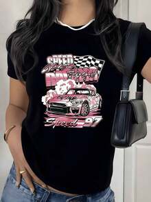 Camiseta con Estampado Gráfico de Coche de Carreras, 180g, 1 Pieza, Temática de Carreras, Casual para Mujer, 100% Algodón, Estilo Streetwear - Negro - Ver 9