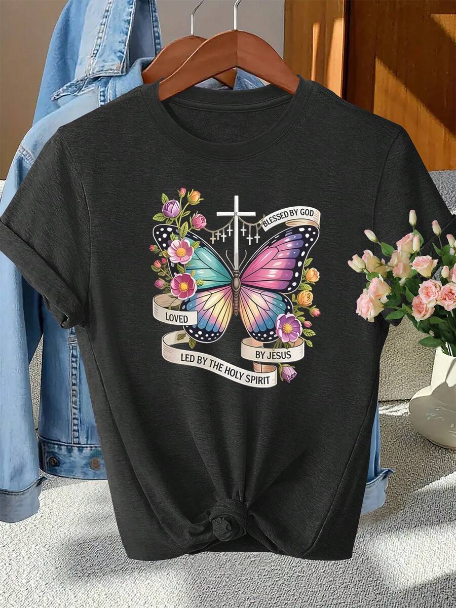 Una camiseta de manga corta para mujer, moderna, a la moda, retro y de corte holgado, adecuada para actividades al aire libre en primavera y verano.Camiseta de manga corta para mujer, estilo europeo y americano, con estampados de mariposas moradas, cruces y motivos inspiradores cristianos.Top deportivo casual, versátil y a la moda, con cuello redondo y mangas cortas.blusas para mujer,blusas casuales para dama,tops,, mujer premium,y2k,playeras de mujer curvy,ofertas y liquidaciones ropa mujer,playeras deportivas para mujer,,playeras de hombre, mujer,blusas>elegante RIWZ - Negro - Ver 1