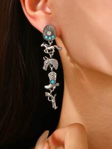 1 par de pendientes con estilo bohemio que incluyen elementos de botas, pistola y vaquero, con diseño de turquesa. Un accesorio de moda personalizado adecuado para uso diario, perfecto para fiestas, ocasiones especiales, vacaciones y uso casual. Un accesorio multiusos para mujeres. - Multicolor - Ver 3