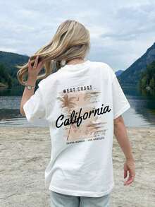 New Women's Summer T-Shirt, Simple, Solid Color, With A Beach, Letter, And Palm Tree Print, A White Crew Neck, And Short Sleeves. Stylish And Versatile, It's Suitable For Women's Outerwear, Casual Wear For Spring Holidays And Festivals, Or Women's Summer Outfits. - White - View 5
