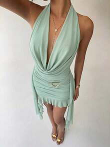 Nuevo vestido mini de malla verde con escote en V profundo, cuello halter, espalda descubierta, ajustado, volante asimétrico en el bajo, ideal para fiestas, festivales de música, bodas y vacaciones en la playa, perfecto también para el Día de San Patricio y festivales de música con estilo bohemio - Verde - Ver 10