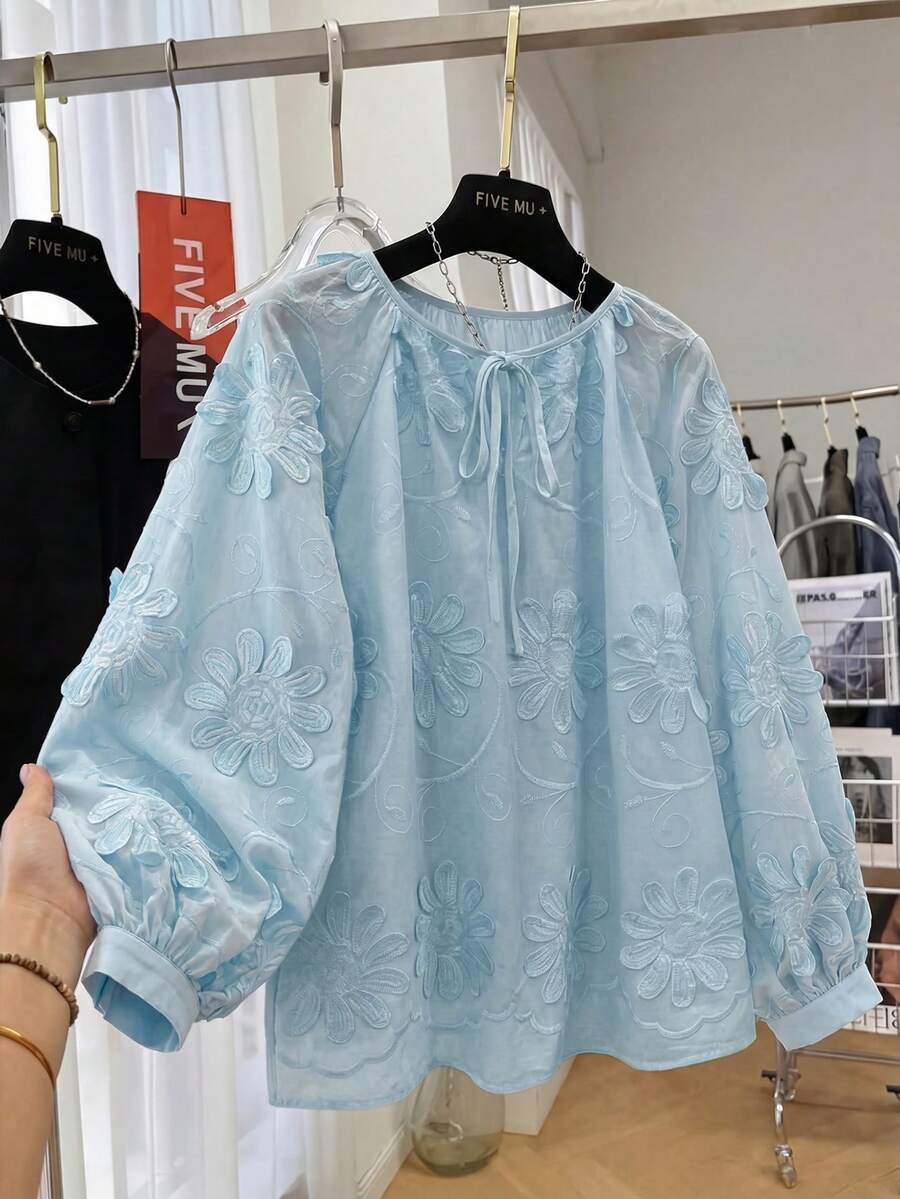 早春新款3D立体花卉装饰长袖衬衫,宽松休闲女式上衣 - 淺藍色 - 查看 1