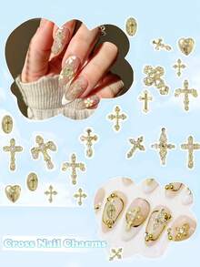 55 piezas de tachuelas de uñas con cruz dorada, colgantes de gemas de cruz dorada, 21 estilos de decoraciones de uñas de cruz de aleación dorada a la moda, adecuadas para accesorios de manualidades de uñas - Dorado - Ver 5
