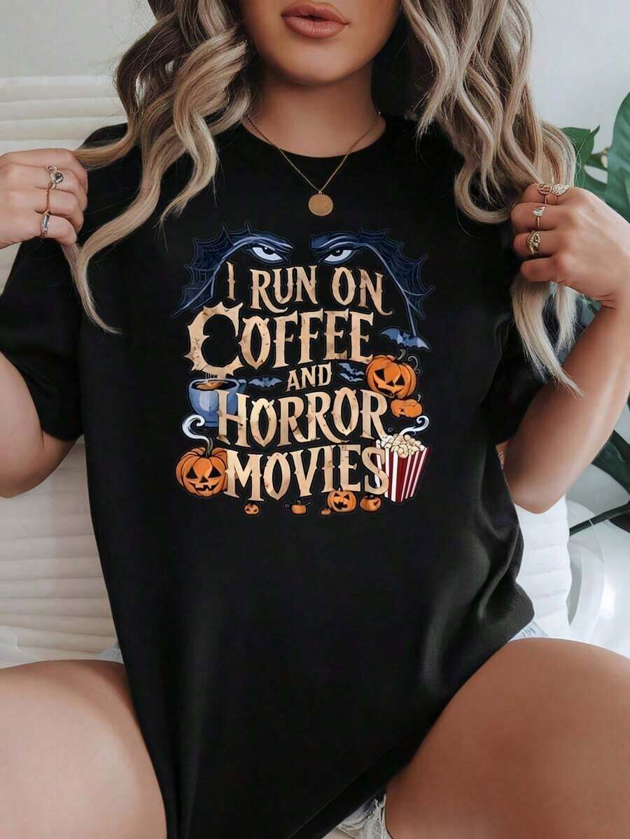 Camiseta de Mujer Casual de Corte Holgado, Opciones en Blanco y Negro, Estampado de Películas de Terror de Café, Camiseta Gráfica con Temática de Halloween, Camisetas para Uso Diario, Tops de Verano, Camisetas Gráficas, Conjuntos de Verano, Camisetas Cortas para Mujer, Tops Vintage de Algodón, Ropa Linda para Mujer, Playera Holgada para Mujer - Negro - Ver 1