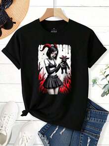 Camiseta con Estampado Gráfico para Mujer de Under The Radar con Diseño de Anime y Demonios - Top Casual de Manga Corta con Cuello Redondo para Primavera y Verano, Negro con Detalles Rojos, Ropa Casual |       Camiseta con Gráficos de Anime |       Camiseta de Manga Corta con Cuello Redondo, Estilo Vintage Urbano, Estampado Vibrante, Unisex, de Algodón Holgado |   Diseño exquisito |   Suelto y cómodo |   Fácil de combinar | - Negro - Ver 2