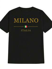 Camiseta Gráfica Italiana para Hombre - Estampado de la Bandera de Milán e Italia, Tela Suave Resistente a las Arrugas, Cuello Redondo, Camisa Casual para Viajes, Ropa Informal y Eventos de Temática Italiana (Lavable a Máquina, Duradera) - Regalo Ideal para Hombres (Negra con Letras Doradas y Diseño de la Bandera Italiana) - Cómoda y de Fácil Cuidado, Adecuada para Verano, Fiestas y Salidas Informales, Estampado de Texto y Bandera Italiana, Corte Relajado para Hombres - Negro - Ver 1