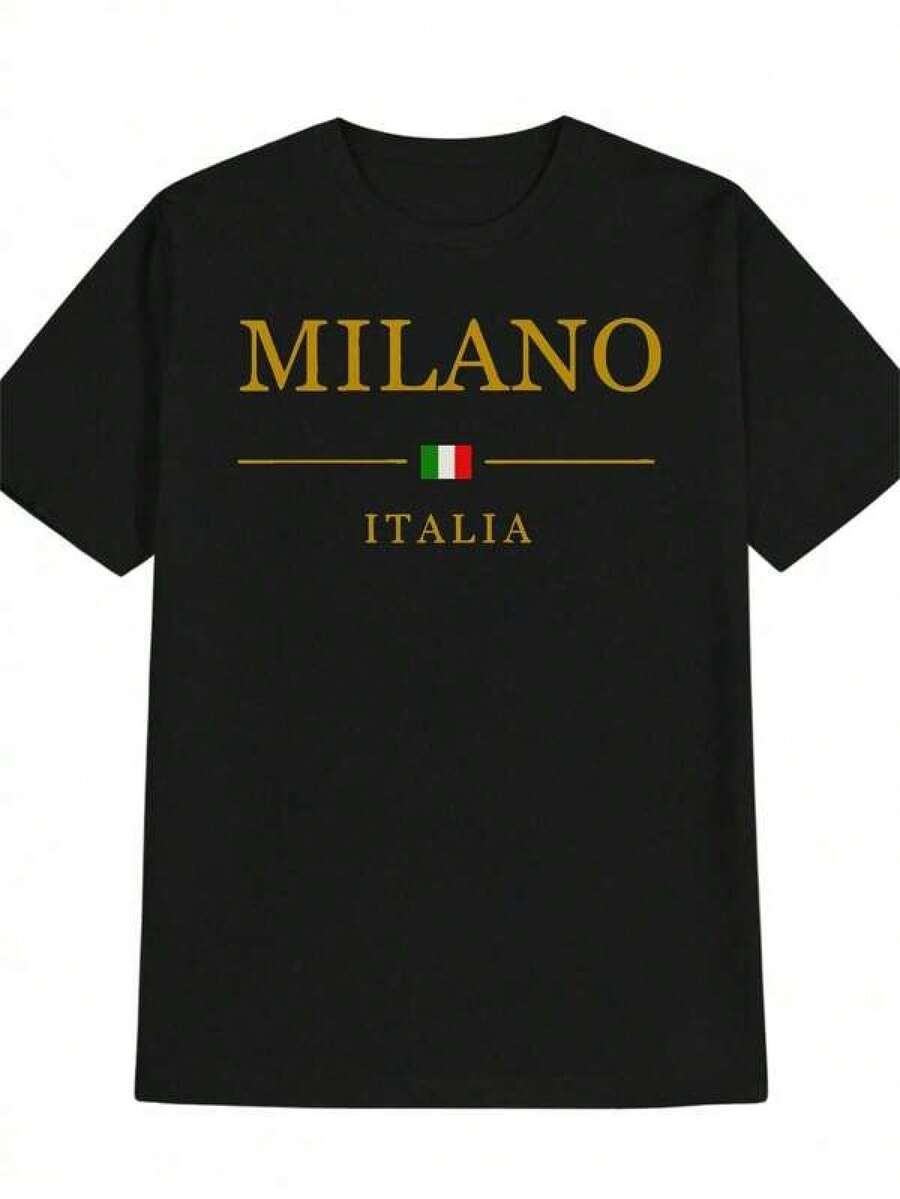 Camiseta Gráfica Italiana para Hombre - Estampado de la Bandera de Milán e Italia, Tela Suave Resistente a las Arrugas, Cuello Redondo, Camisa Casual para Viajes, Ropa Informal y Eventos de Temática Italiana (Lavable a Máquina, Duradera) - Regalo Ideal para Hombres (Negra con Letras Doradas y Diseño de la Bandera Italiana) - Cómoda y de Fácil Cuidado, Adecuada para Verano, Fiestas y Salidas Informales, Estampado de Texto y Bandera Italiana, Corte Relajado para Hombres - Negro - Ver 1