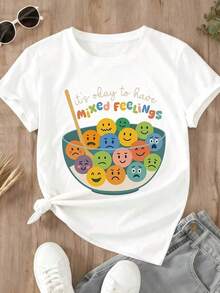 Camiseta de Mujer con Diseño de Cuenco "Es Bueno Tener Sentimientos Mixtos", Ropa Casual para Uso Diario, Divertida y Cómoda, con Estampado de Emociones Coloridas, Perfecta para Atuendos Diarios e Ideas de Regalo. - Blanco - Ver 2