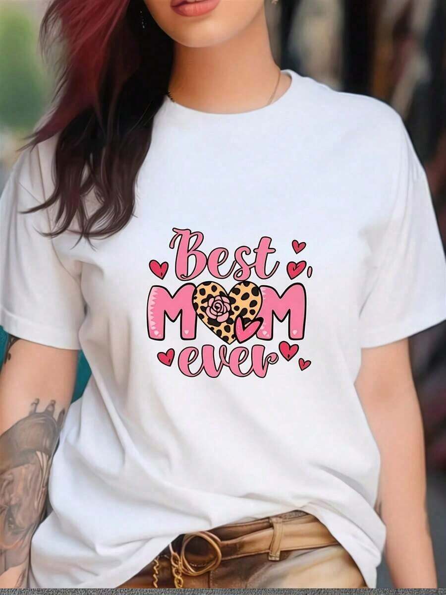 1 Piece With A Heart Floral Print For Mother's Day. Women's Summer T-Shirt, Round Neck, Short Sleeve, White, Breathable, Casual, 180g 100% Cotton - 白色 4 - 查看 1