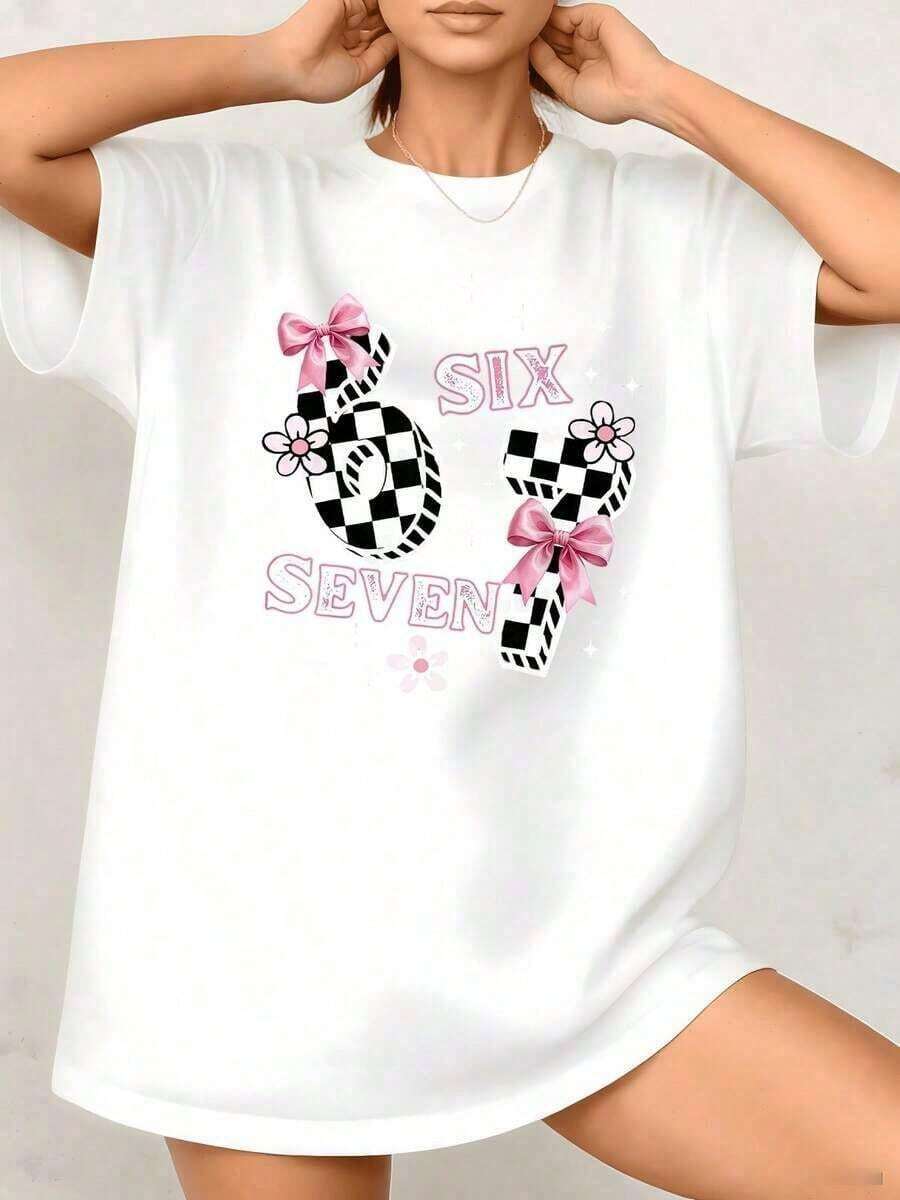 Fashion NEW1 pieza de camiseta de gran tamaño para mujer, estilo retro urbano, con estampado gráfico vintage, diseño de cuadros, números, lazo y flores, 100% algodón, cuello redondo - Camiseta unisex de estilo vintage urbano, holgada, de algodón, manga corta y cuello redondo. Camiseta unisex de algodón de manga corta y cuello redondo, estilo vintage urbano. - Blanco - Ver 1