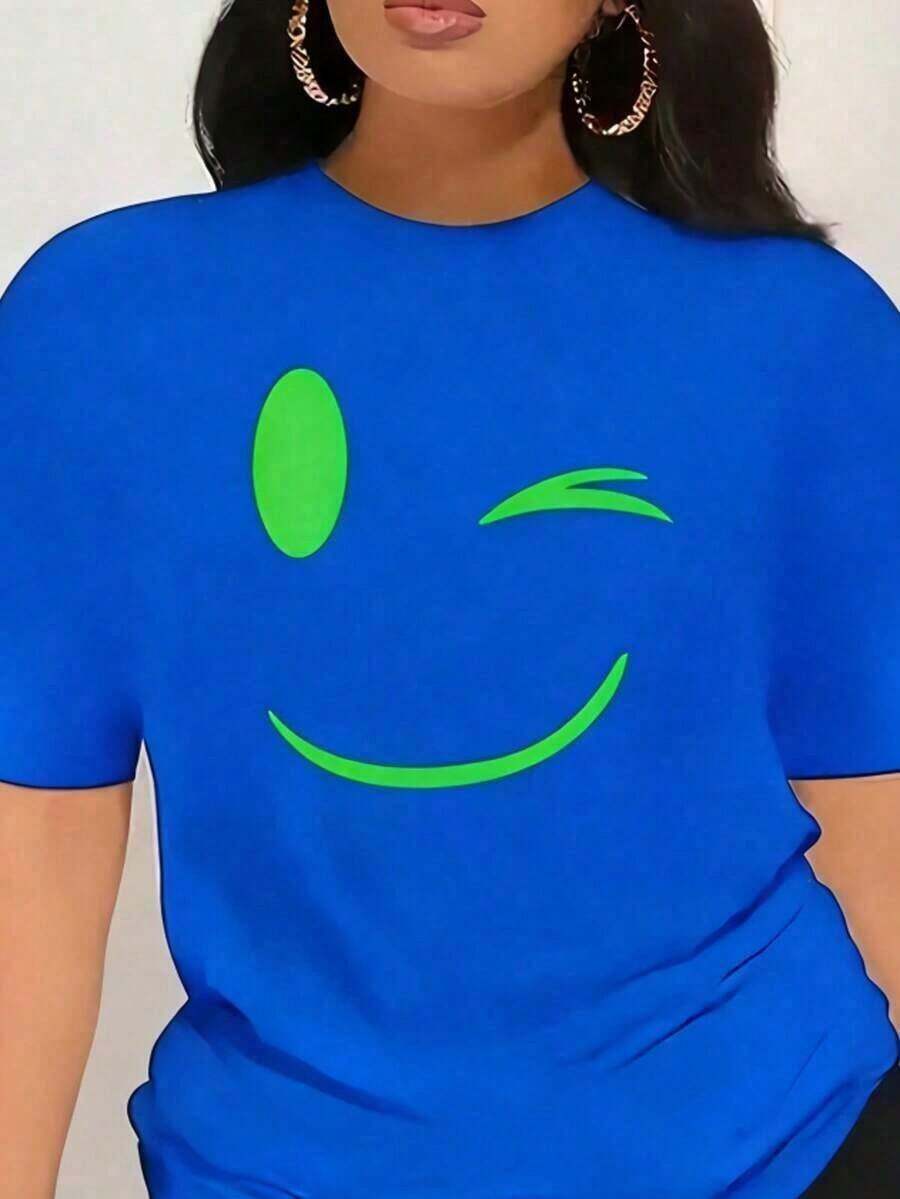 TopsSpring Ropa Mujeres Neón Verde Feliz Cara Camiseta - Corto Manga Redondo Cuello Informal Superior Con Brillante Imprimir, Negro Y Lima Verde Para Primavera Verano, Y Otoño, Lindo Fiesta Ajuste O Diario Desgaste, Máquina Lavable Suelto Y Cómodo VeranoRelajado Y VeranoCómodo Conjuntos de ropa Para Ropa Fresca de Verano para Mujer - Azul - Ver 1