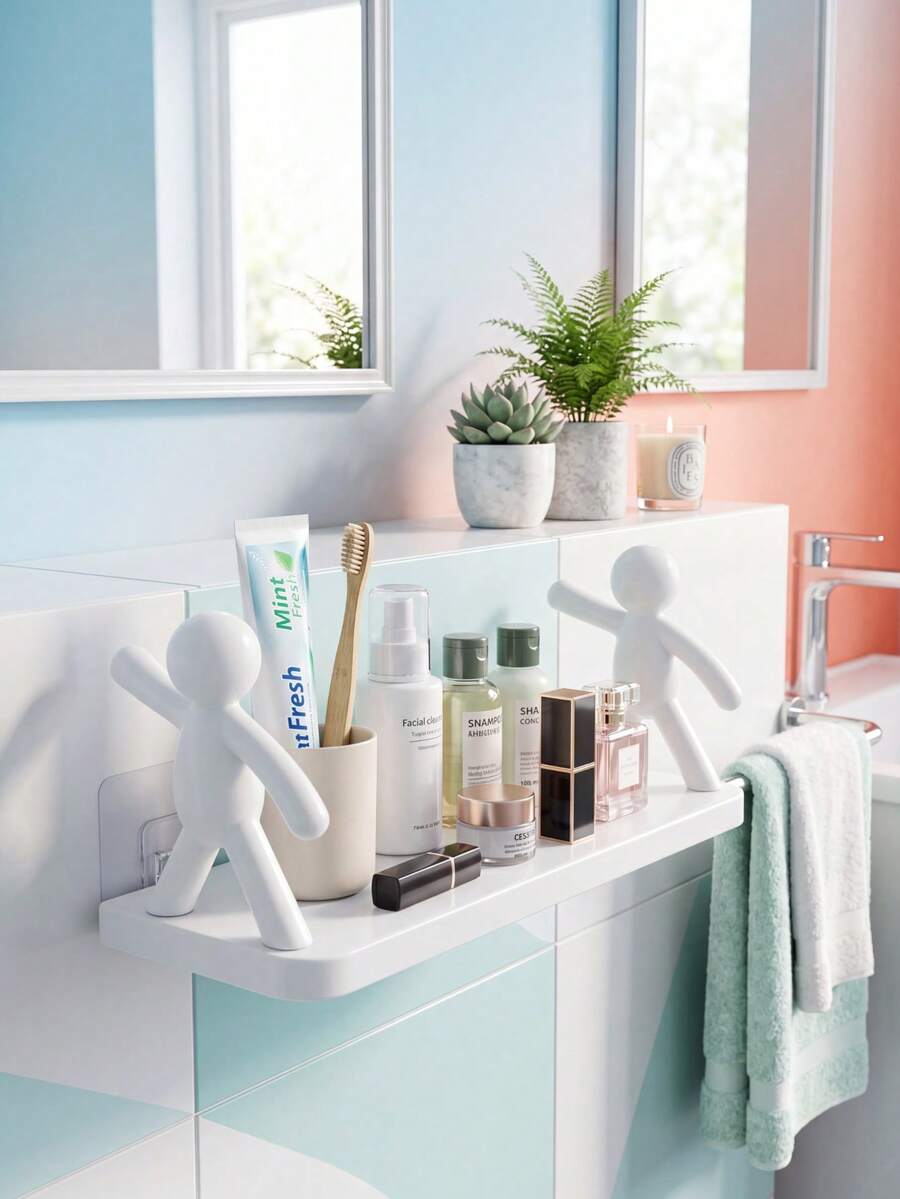 Human-Shaped Wall-Mounted Storage Rack, No Drilling Required, 25.5x10.5x11cm, White PP Material, Suitable For Shower, Sink, Vanity, Can Store Soap, Lotion, Sponge, Razor, Lightweight And Durable, Suitable For RV, Dorm, Small Apartment, Anniversary/Independence Day/Thanksgiving Gift - Multicolor - View 1