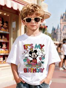 New Arrival Disney Official Licensed Mickey Mouse "It's My Birthday" Print Kids Cotton T-Shirt, Ultra Comfortable Super Soft, Relaxed Fit Stylish Unisex Tee For 4-12 Years Old, Eye-Catching Head-Turning Versatile Daily & Birthday Wear, Ideal For Casual Commutes, Express Delivery - White - View 1