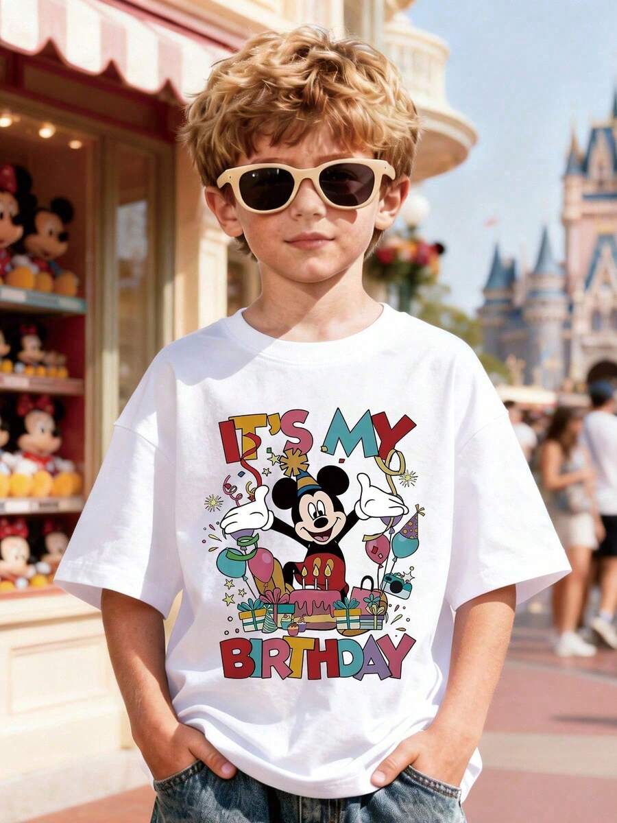 New Arrival Disney Official Licensed Mickey Mouse "It's My Birthday" Print Kids Cotton T-Shirt, Ultra Comfortable Super Soft, Relaxed Fit Stylish Unisex Tee For 4-12 Years Old, Eye-Catching Head-Turning Versatile Daily & Birthday Wear, Ideal For Casual Commutes, Express Delivery - trắng - Xem 1
