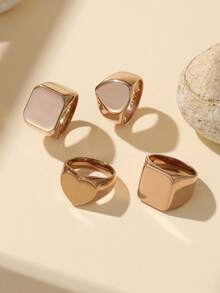 1 pièce Bague à large bande en acier inoxydable or rose, taille réglable, cœur, larme, rectangle, carré, minimaliste polyvalent, convient pour la décoration quotidienne des femmes ou comme cadeau - Or rose - Voir 1