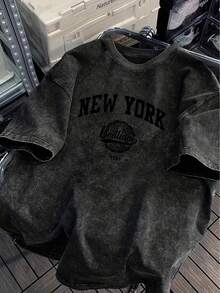1PCS Men's Heavyweight 230g/M²% Cotton Loose T-Shirt - Round Neck Short Sleeve Casual Bohemian Style With New York Pattern Print And Vintage Letters, Available In Plus Sizes, All-Season Comfortable, Machine Washable Casual Clothing (Large And Tall Sizes) - Suitable For Layering And Daily Matching - Black/White/Grey/Navy Blue/Red/Brown, Geometric And Text Designs, Adult Relaxed Fit, Street Style, Breathable Material, Durable Construction-Premium Cotton Graphic Printed Round Neck T-Shirts-365T - 黑色 - 查看 8