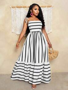 Vestido largo de estilo fluido y con rayas, con tirantes y detalles de recogido en el pecho, adecuado para vacaciones, playa, viajes y uso casual, elegante vestido (Floral aleatorio) - Blanco - Ver 9