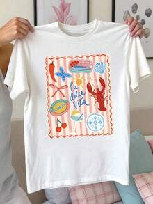 Camiseta de manga corta para mujer, semitransparente, con estampado de vida marina y náutico, corte regular, cuello redondo, ropa de playa adecuada para primavera y verano, ideal para atuendos casuales de vacaciones, para la piscina o como vestimenta informal. - Negro - Ver 1