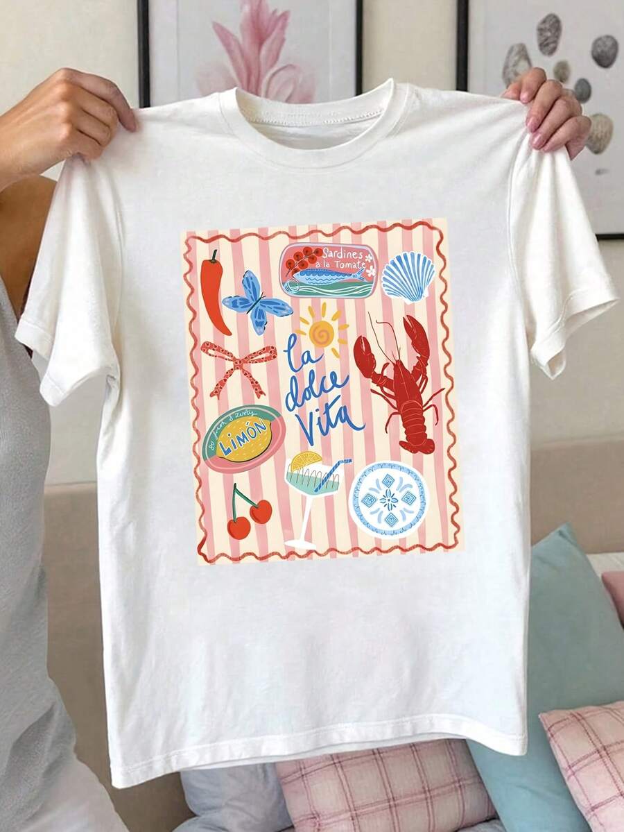 Camiseta de manga corta para mujer, semitransparente, con estampado de vida marina y náutico, corte regular, cuello redondo, ropa de playa adecuada para primavera y verano, ideal para atuendos casuales de vacaciones, para la piscina o como vestimenta informal. - Negro - Ver 1