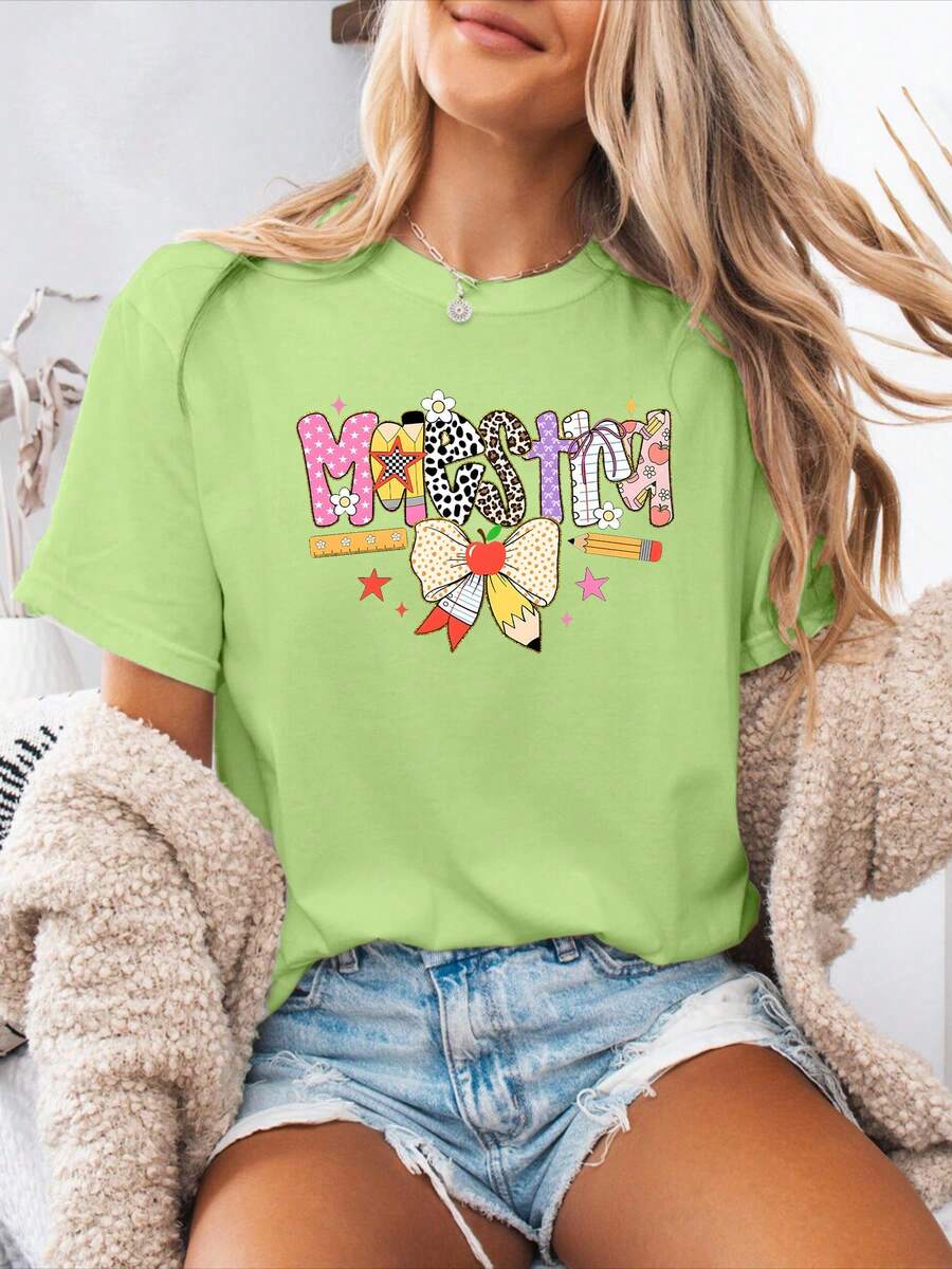 Camiseta de Mujer Nueva y a la Moda 2026 con Estampado de Letras Españolas, Camiseta Casual de Primavera Verano, Cuello Redondo, Manga Corta, Camiseta Deportiva, Top de Mujer PEHB - Verde - Ver 1