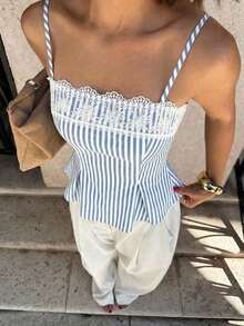 Camiseta de tirantes elegante de unicolor con parches de encaje para el verano - Azul y blanco - Ver 4