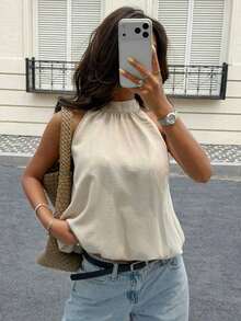 Top sin espalda con cuello de halter para mujer, unicolor minimalista, adecuado para vacaciones de verano - Albaricoque - Ver 5