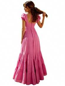 Women's V Neck Long Dress Fashionable Solid Color Lace Patchwork Short Puff Sleeve Flowy Dress - Purple - View 5