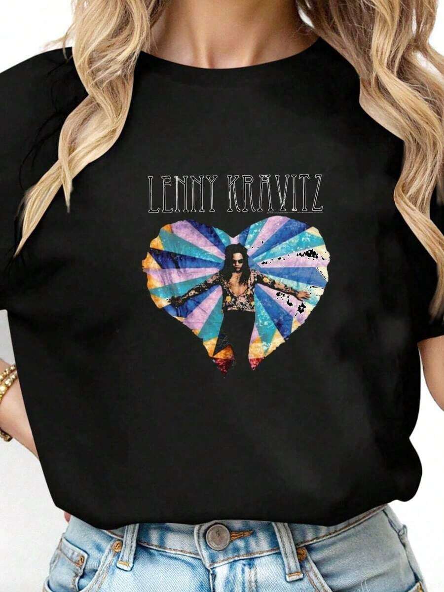1 camiseta de Lenny Kravitz con diseño de corazón multicolor, estilo funk, reggae, rock, 180g, 100% algodón. - Negro 1 - Ver 1