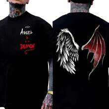 Camiseta de manga corta con cuello redondo de algodón suave para hombre, con estampado de alas de ángel y demonio en ambos lados, estilo callejero oscuro negro, corte holgado unisex, atuendo casual con estilo Y2K para ocasiones centradas en el amor. - Blanco (solo estilos en blanco y negro) - Ver 1