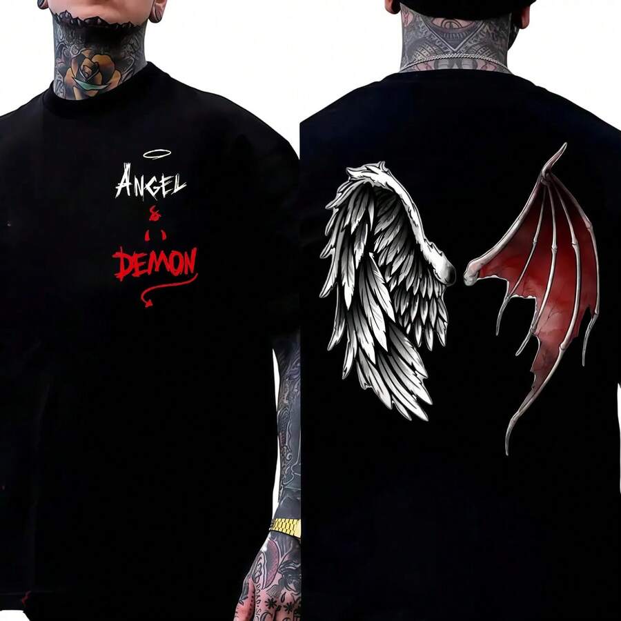 Camiseta de manga corta con cuello redondo de algodón suave para hombre, con estampado de alas de ángel y demonio en ambos lados, estilo callejero oscuro negro, corte holgado unisex, atuendo casual con estilo Y2K para ocasiones centradas en el amor. - Blanco (solo estilos en blanco y negro) - Ver 1