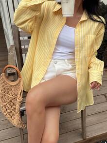 DEEKA Summer New Arrival Butter Yellow Graduation, Women Linen Loose Striped Casual Shirt - Yellow 1 - View 6