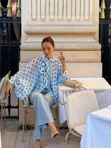 Fashionable Women's Shirt – Elegant And Casual – Sky Blue Polka Dot Print – Bow Tie, Lantern Sleeves, Loose Fit, Pleated And Semi-Sheer – Perfect For Summer - 軍綠色 - 查看 2