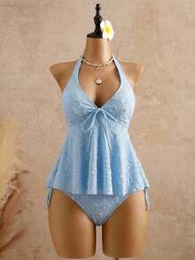 2026 Bellisia Women's Elegant Polka Dot Print Dress, Textured Fabric, Relaxed Vacation Camisole, Yellow Tankini Bikini Beach Outfit. Women's Beach Set For Summer 2026, Graduation Season, Wedding, Back To School, Easter. Cute Casual Summer Camisole With Knit Texture, Ruffle Details, In A Sweet, Romantic, And Country Style. - 灰色 - 查看 5