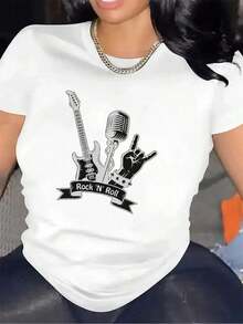 Round Neck Camiseta De Manga Corta Para Fans Del Rock N Roll, 100% Poliéster, Ligera Y Duradera, Ideal Para Conciertos, Fiestas O Uso Casual, Con Diseño Gráfico De Guitarra, Micrófono Y Señal De Mano De RockWomen Standard Size Casual T-Shirt Breathable Lightweight Short Sleeve Tee Blusas Para Mujer Casual - Blanco - Ver 7