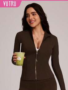 2026 VUTRU Women's Slim Fit Sports Jacket With Thumbholes And High Collar, Spring - 全穀類咖啡 - 查看 5