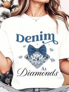 Camiseta de Cuello Redondo para Mujer, Estampado de Diamantes en Tela Denim, Lazo Decorativo, Diseño Gráfico de Diamantes, Ropa Casual para Navidad, 250g, Playera Holgada para Mujer - Blanco - Ver 7