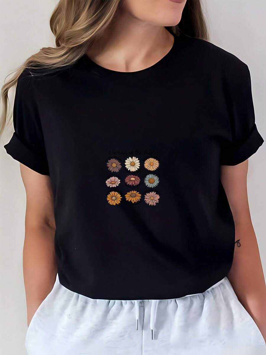 Camiseta de Mujer de Algodón 100% con Estampado Floral de Verano, 180g - Ideal para celebraciones del Día de la Independencia, reuniones familiares y actividades de team-building - Ropa casual cómoda, suave y elegante para el verano. - Negro - Ver 1