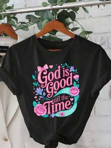 Camiseta de fe cristiana para mujer, estampada con "Dios es siempre bueno" y motivos florales - Camiseta casual de manga corta y cuello redondo, diseño inspirado en rosa suave y azul verdoso, ropa de iglesia para verano y primavera, ropa religiosa, resistente a las arrugas, transpirable y cómoda. - Blanco - Ver 6
