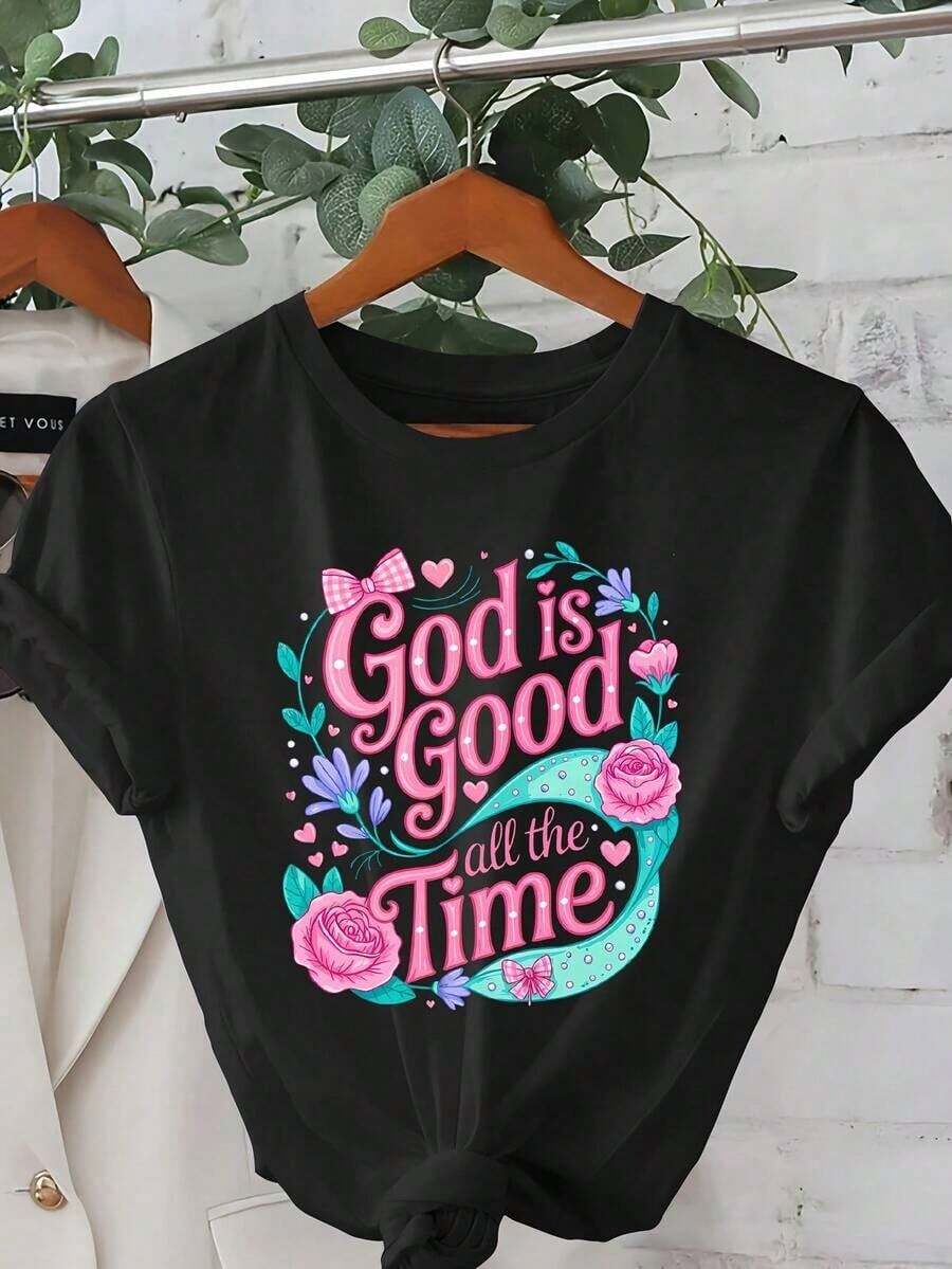 Women's Christian Faith T-Shirt, Printed With "God Is Always Good" And Floral Motifs - Casual Short-Sleeved Round Neck T-Shirt, Design Inspired By Soft Pink And Teal, Church Clothing For Summer And Spring, Religious Clothing, Wrinkle-Resistant, Breathable And Comfortable. - 黑色 - 查看 1
