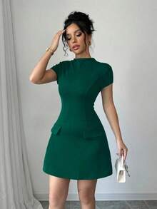Vestido de moda corto de unicolor de manga corta con cuello alto para mujer - Verde Oscuro - Ver 7