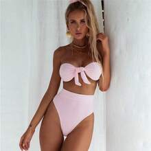 2026 New High-Waisted Women's Two-Piece Bikini Swimsuit With Strapless Top And Ribbed Design - Pink - View 1
