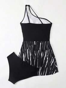 Set de 2 piezas Traje de baño tipo tankini con un hombro, acolchado suave y efecto estilizante, nuevo para mujeres en 2025 - Blanco y Negro - Ver 5