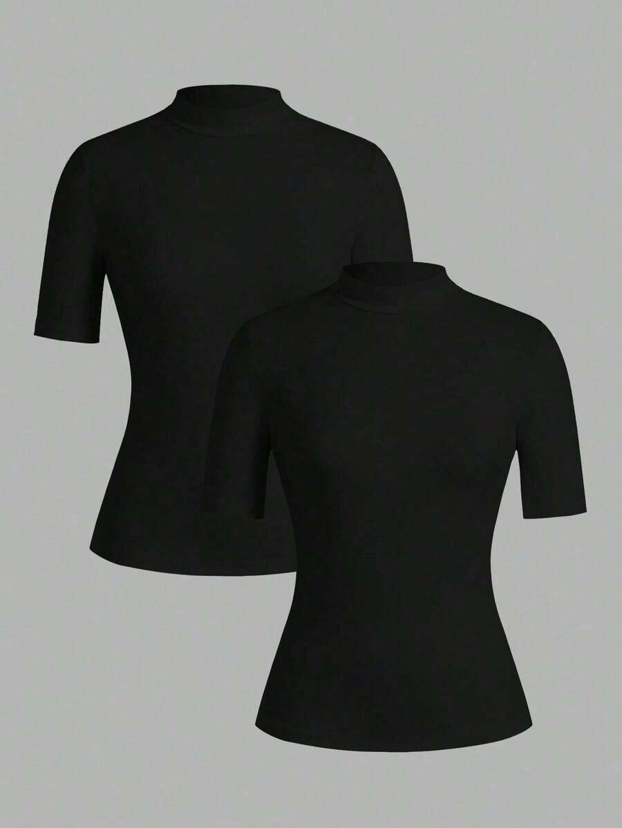 Set de 2 camisetas de manga larga y cuello alto ajustadas como capa base para mujer, adecuadas para la transición de otoño y para salir - Negro 2 - Ver 1
