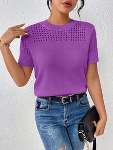 Top de punto de cuello redondo de unicolor con mangas cortas para verano, como ropa para Año Nuevo - Morado - Ver 1