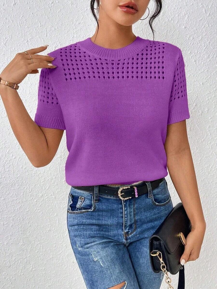 Top de punto de cuello redondo de unicolor con mangas cortas para verano, como ropa para Año Nuevo - Morado - Ver 1