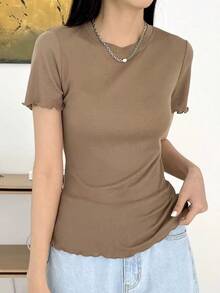 Blusa de punto acanalado con ribete de lechuga, estilo preppy de verano - Marrón - Ver 3
