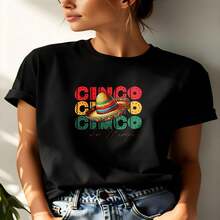 1 Piece Of Short-Sleeved T-Shirt, 100% Cotton, Casual Style, With Cinco De Mayo Print And Colorful Mexican Hat, Ideal For Summer Theme Parties For Women - 黑色 - 查看 2