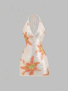 Vestido mini elegante y romántico para mujer con estampado floral y de lentejuelas, cuello en V y espalda descubierta con tirantes anudados, adecuado para vacaciones, fiestas y reuniones, primavera/verano - Multicolor - Ver 1
